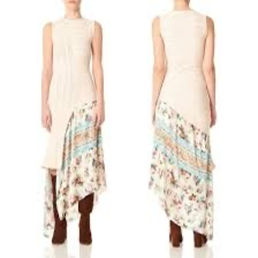 AMUR Eleanor Asymmetric Floral Silk Blend Midi Dress Ivory Size S